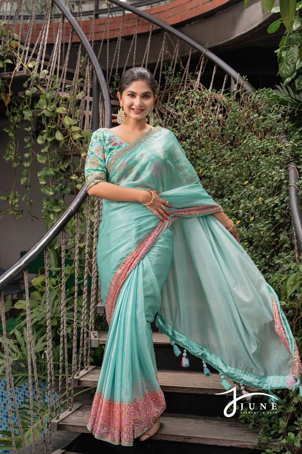 Aqua Pastel Saree with Sequin & Bead Border