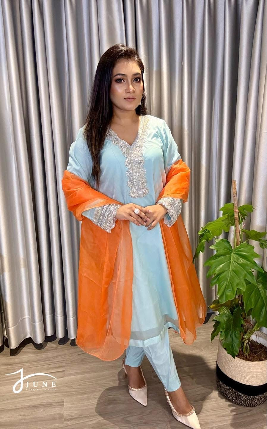 Pastel Blue Embroidered Salwar Suit with Tangerine Dupatta